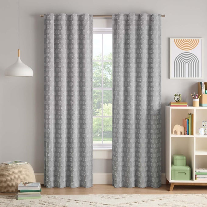 KIDS BLACKOUT CURTAIN WITH CLIPPED DOT PRINT 84 IN X 40 IN THERMABACK 100 BLACKOUT ROD POCKET HEADER FOR KIDS ROOM OR PLAYROOM 1 WINDOW PANEL GREY