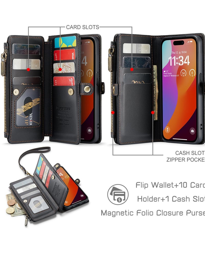 Excefore For iPhone 15 Pro Max Phone Case with Card Holder, Zipper PU Leather Protective Phone Cover, Blocking iPhone 15 Pro Max Wallet Case, Suitable for Women Men (Black) - Image 3