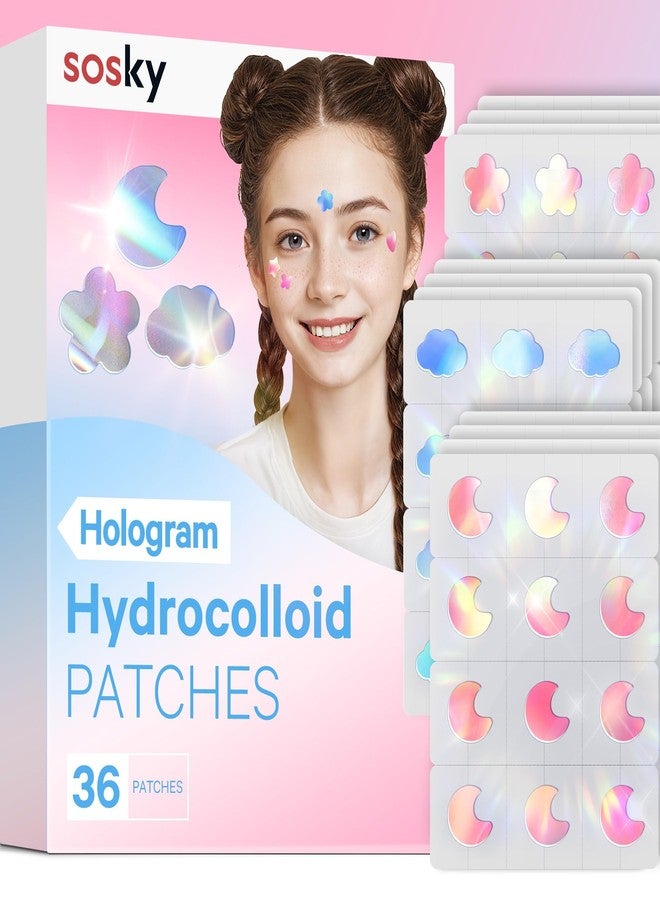 Sosky Hologram Pimple Patches for Face, Hydrocolloid Acne Patches with Salicylic Acid, Cute Star Zit Stickers,Colorful Blemish Covers,36 Count Blue Pink Moon Cloud Flower - Image 1