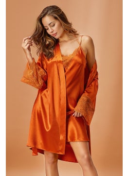 Nurteks 5336 Women's Satin Thread Strap Nightgown Dressing Gown Set-Amber 
