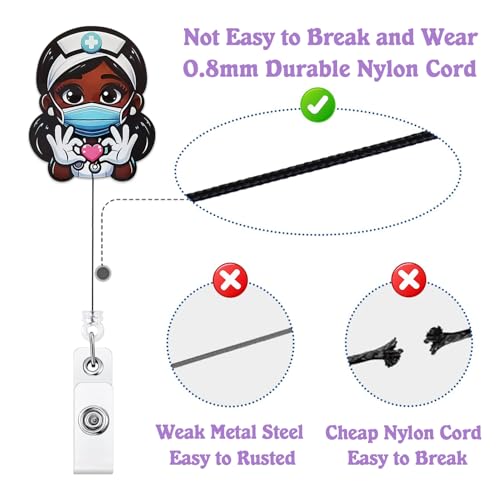 Bydevia Cute Black Girl Badge Reel Retractable for African American Nurse Nursing RN LPN & Medical Assistant | Funny Black Girl Nurse ID Badge Holder with Alligator Clip & 24” Durable Nylon Cord | Acrylic - Image 4