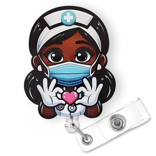 Bydevia Cute Black Girl Badge Reel Retractable for African American Nurse Nursing RN LPN & Medical Assistant | Funny Black Girl Nurse ID Badge Holder with Alligator Clip & 24” Durable Nylon Cord | Acrylic - Image 1