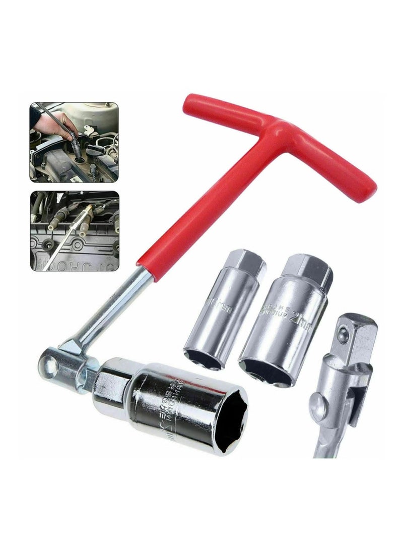 Spark Plug Sleeve Wrench Set, Red T-Handle Stainless Steel Silicone Car Motorcycle Wrench Tool Dual-use 16 21mm Universal for Fastening and Demolition - Image 1