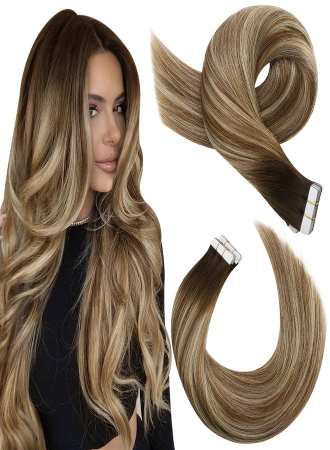 Moresoo Balayage Hair Extensions Tape in Real Human Hair Tape in Extensions Ombre Dark Brown to Medium Brown Mix with Blonde Tape in Hair Extensions Human Hair 20 Inch #4/6/613 20pcs 50g - Image 1