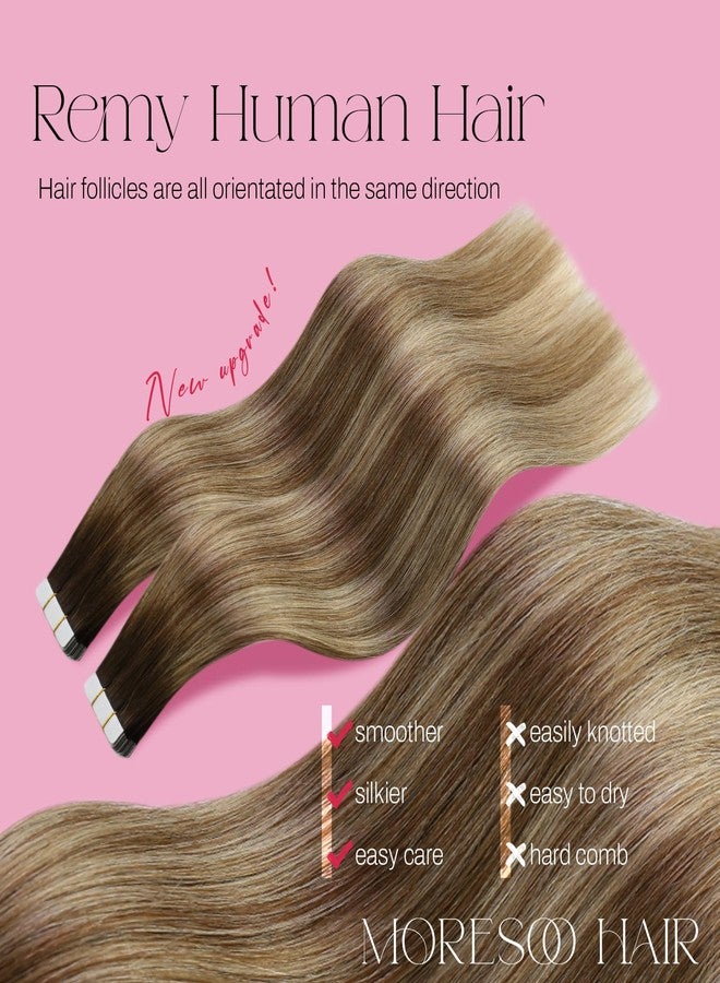 Moresoo Balayage Hair Extensions Tape in Real Human Hair Tape in Extensions Ombre Dark Brown to Medium Brown Mix with Blonde Tape in Hair Extensions Human Hair 20 Inch #4/6/613 20pcs 50g - Image 2
