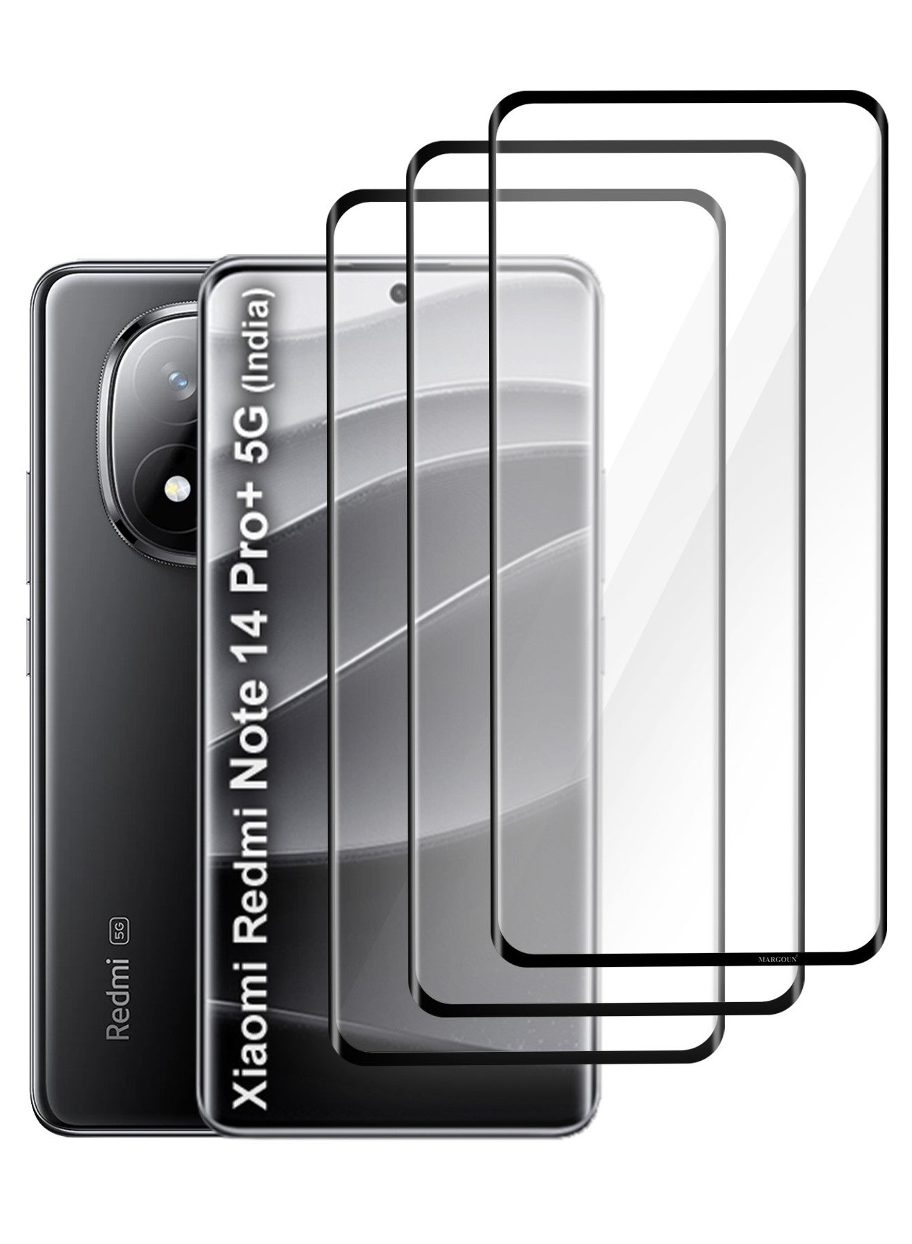 MARGOUN 3Packs 3D Curved Tempered Glass Screen Protector for Xiaomi Redmi Note 14 Pro+ 5G (India) – Edge-to-Edge HD Clarity, Anti-Scratch, Bubble-Free Installation