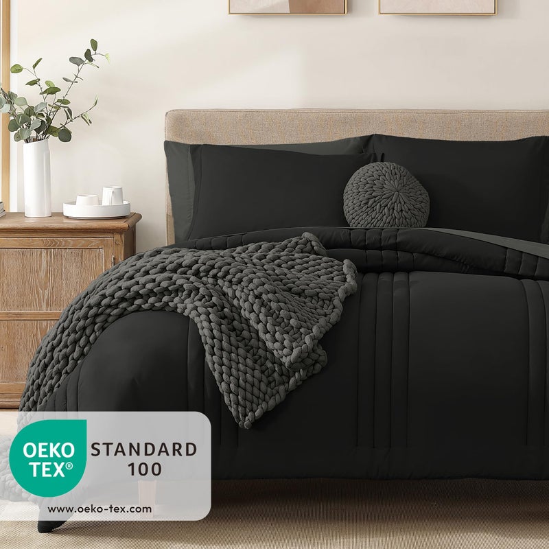 Monbix Queen Comforter Set - 7 Pieces Black Bed in a Bag Queen Bedding Sets with Comforters, All Seasons Comforter Bed Set with Sheets,Pillowcases & Shams - Image 3