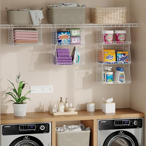 Sonyabecca 3-Tier Hanging Laundry Basket Organizer：Foldable Wire Shelf Laundry Room Organizer with 360°Rotating Hooks Small Space Solutions Closet Hanging Organizer - Laundry Organization, White Patent - Image 4