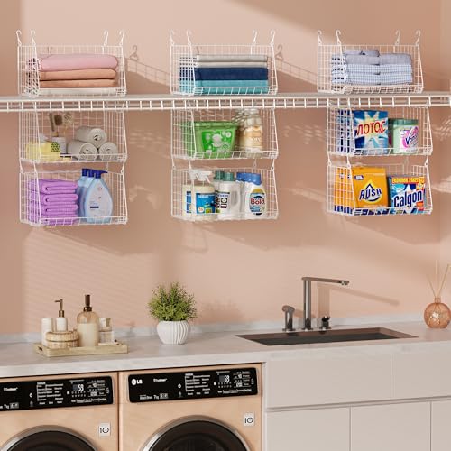 Sonyabecca 3-Tier Hanging Laundry Basket Organizer：Foldable Wire Shelf Laundry Room Organizer with 360°Rotating Hooks Small Space Solutions Closet Hanging Organizer - Laundry Organization, White Patent - Image 1