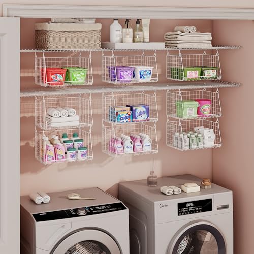 Sonyabecca 3-Tier Hanging Laundry Basket Organizer：Foldable Wire Shelf Laundry Room Organizer with 360°Rotating Hooks Small Space Solutions Closet Hanging Organizer - Laundry Organization, White Patent - Image 3