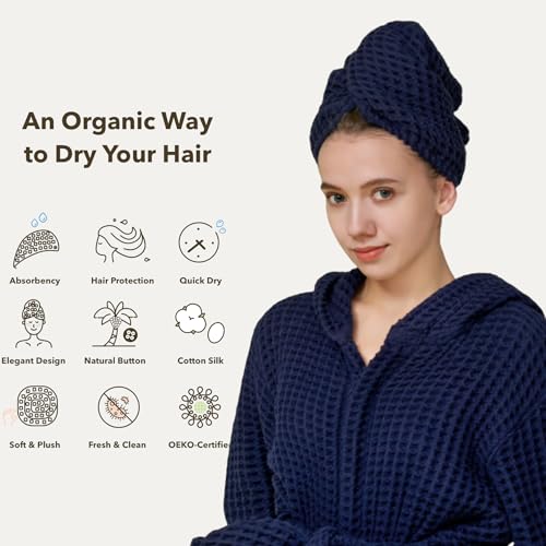 KOSMU 100% Organic Cotton Hair Drying Waffle Towel Wrap for Women | Absorbent & Quick Dry Head Turban for Wet Hair in Shower Sauna Spa, Extra Large for Long Straight Curly Plopping Button (Blue, 1 PACK) - Image 3