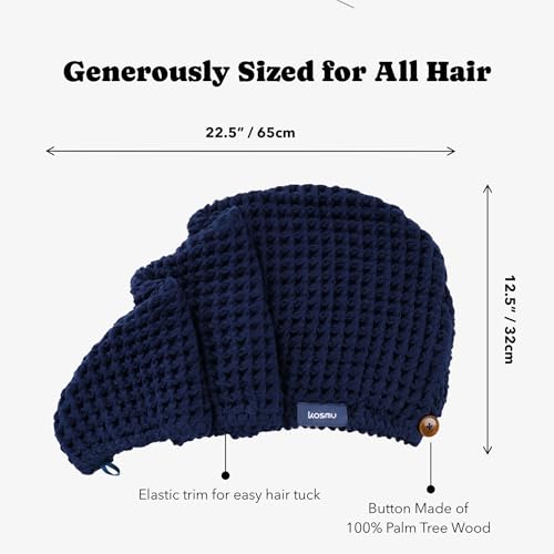 KOSMU 100% Organic Cotton Hair Drying Waffle Towel Wrap for Women | Absorbent & Quick Dry Head Turban for Wet Hair in Shower Sauna Spa, Extra Large for Long Straight Curly Plopping Button (Blue, 1 PACK) - Image 4
