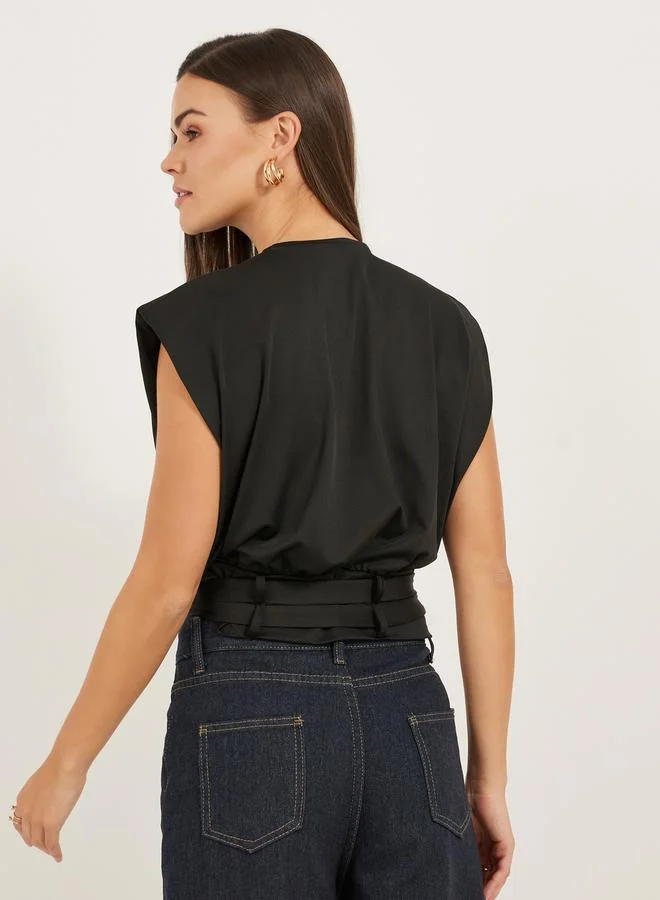 Styli Padded Shoulder Belted Cropped Sleeveless Boxy T-Shirt