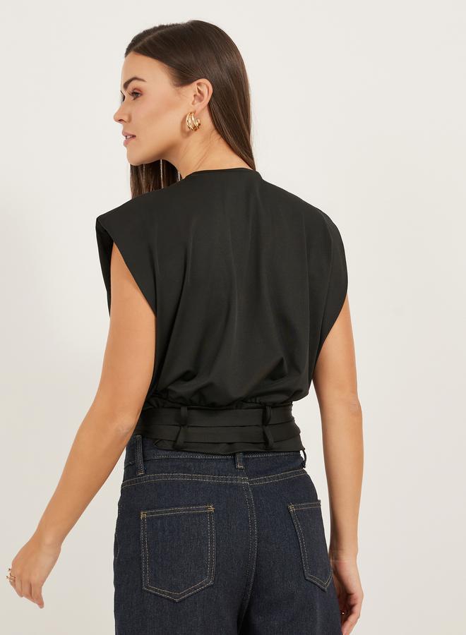 Styli Padded Shoulder Belted Cropped Sleeveless Boxy T-Shirt  - Image 4