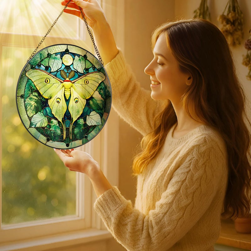 LAOWEIKI Luna Moth Sun Catcher, 8 Inch Stained Glass Suncatcher, Stained Glass Window Hanging, Luna Moth Indoor Decor, Idea Gift, Gift Exchange - Image 2