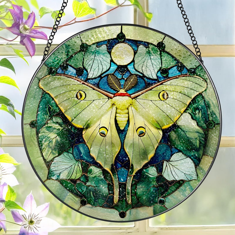 LAOWEIKI Luna Moth Sun Catcher, 8 Inch Stained Glass Suncatcher, Stained Glass Window Hanging, Luna Moth Indoor Decor, Idea Gift, Gift Exchange - Image 1