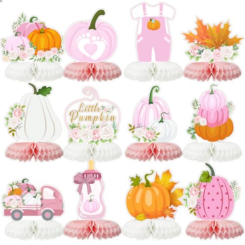 Tarklanda 12 PCS Little Pumpkin Baby Shower Decorations 3D Honeycomb Centerpiece Fall Party Table Decor for Girls Pink Table Toppers Honeycomb Gifts for Birthday Party Supplies - Image 1