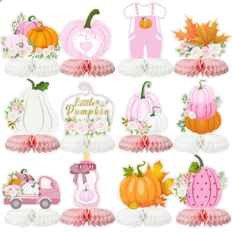 Tarklanda 12 PCS Little Pumpkin Baby Shower Decorations 3D Honeycomb Centerpiece Fall Party Table Decor for Girls Pink Table Toppers Honeycomb Gifts for Birthday Party Supplies - Image 2