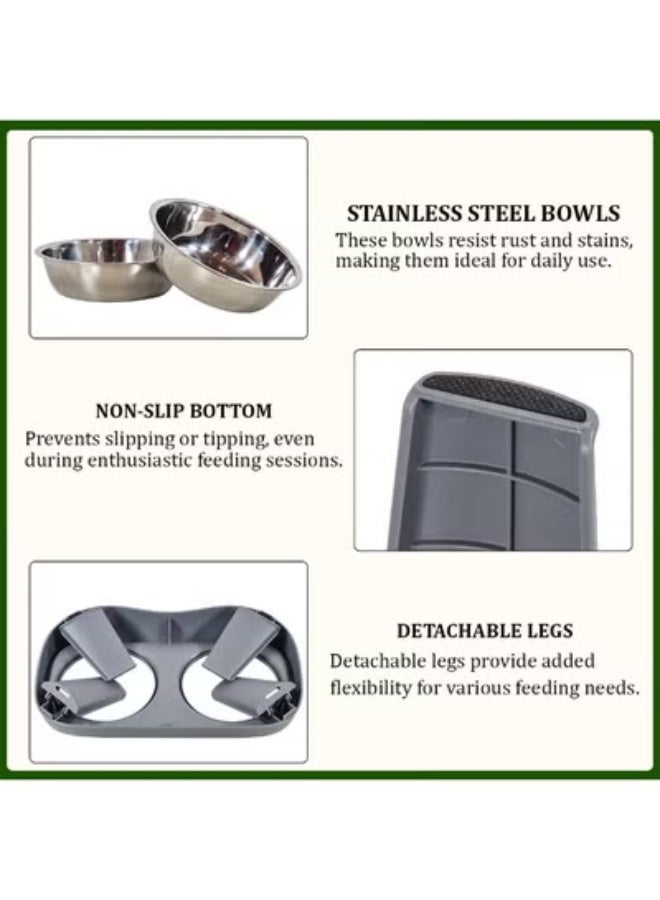 NNC PETS Elevated dog bowls for small-sized breeds, Durable plastic pet feeder with 2 Stainless steel food bowls, Non-slip bottom, and Detachable legs, Ideal for food & water, Easy assembly 35 cm (Grey) - Image 3