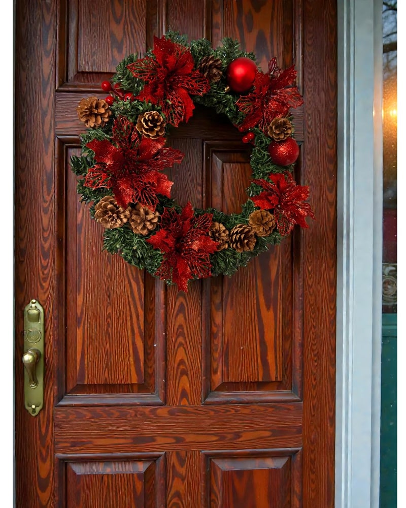 Traditional Christmas Wreath with 5 Red Roses, 9 Pine Cone and Two Red Balls, Christmas Door Decoration (Style 4)