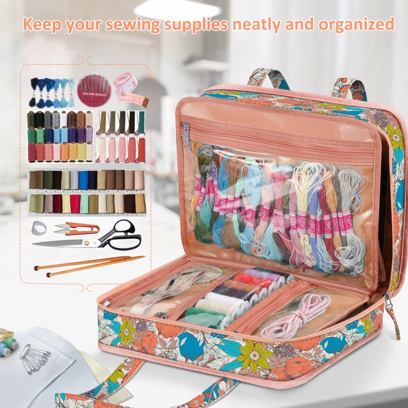 FINPAC Sewing and Craft Supplies Storage Tote, Large Capacity Travel Packing Organizer Bag with Clear Pockets and Handle for Knitting, Crochet, Art, Sewing Accessories (Vintage Floral) - Image 4