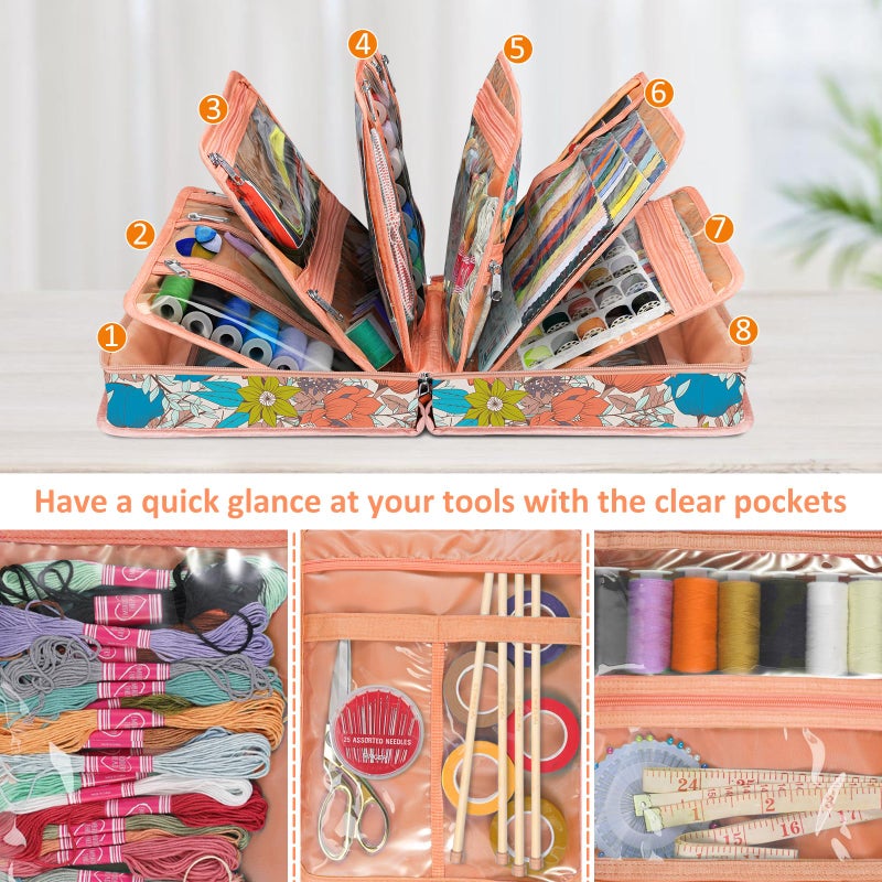 FINPAC Sewing and Craft Supplies Storage Tote, Large Capacity Travel Packing Organizer Bag with Clear Pockets and Handle for Knitting, Crochet, Art, Sewing Accessories (Vintage Floral) - Image 2