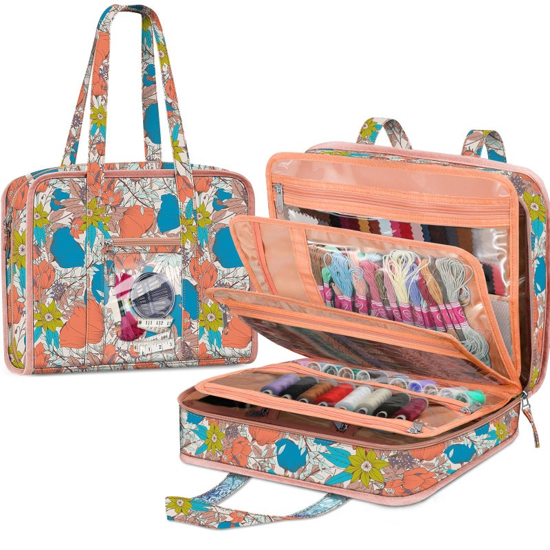 FINPAC Sewing and Craft Supplies Storage Tote, Large Capacity Travel Packing Organizer Bag with Clear Pockets and Handle for Knitting, Crochet, Art, Sewing Accessories (Vintage Floral) - Image 1