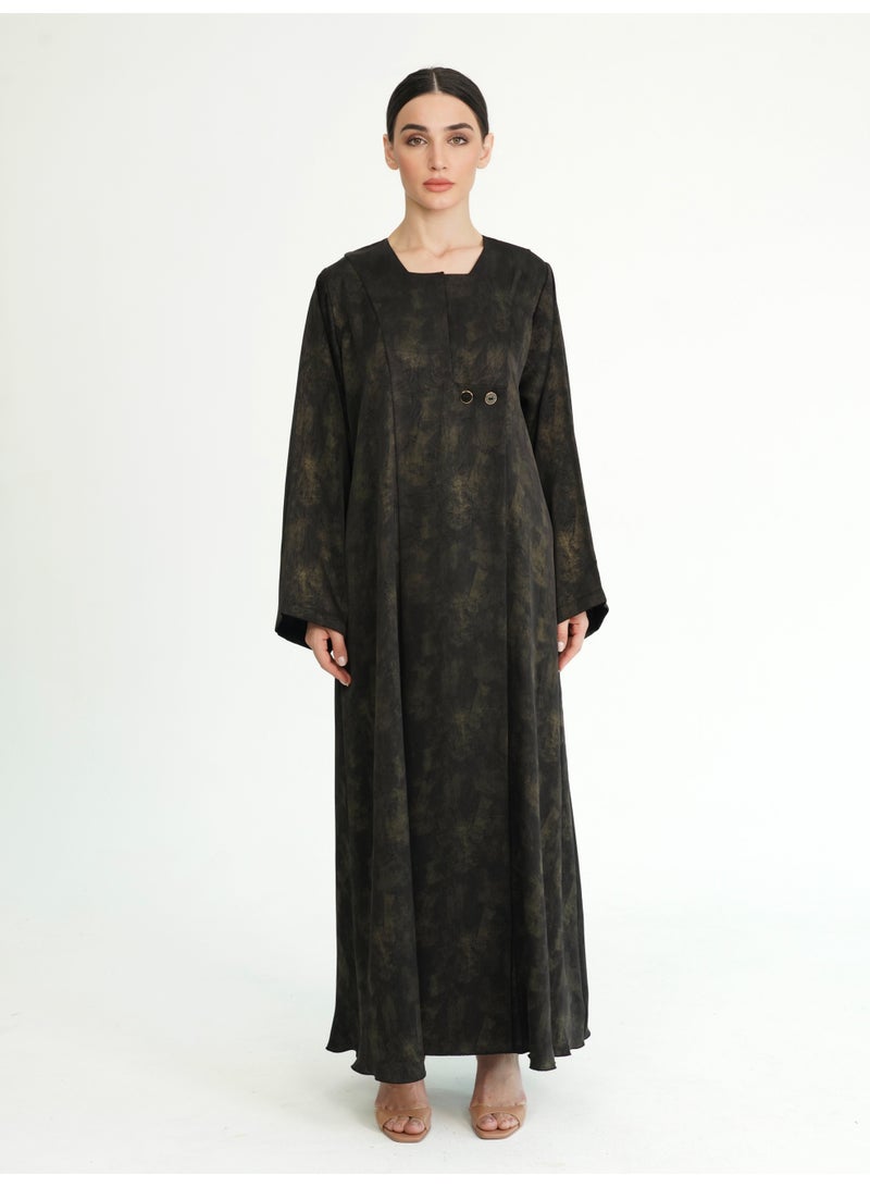 Khan&Co. Ninety Degree Gold black and gold jacquard abaya with two gold KHAN&CO logo buttons - by Abdullah Khan - Image 1