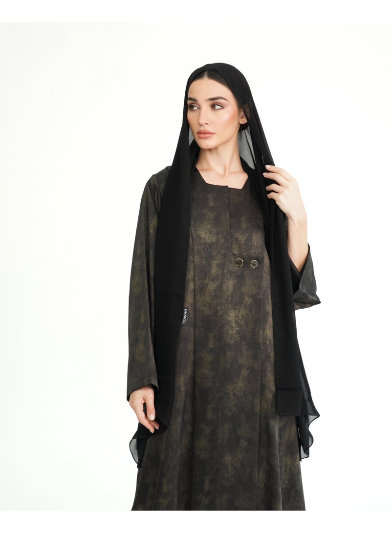Khan&Co. Ninety Degree Gold black and gold jacquard abaya with two gold KHAN&CO logo buttons - by Abdullah Khan - Image 3