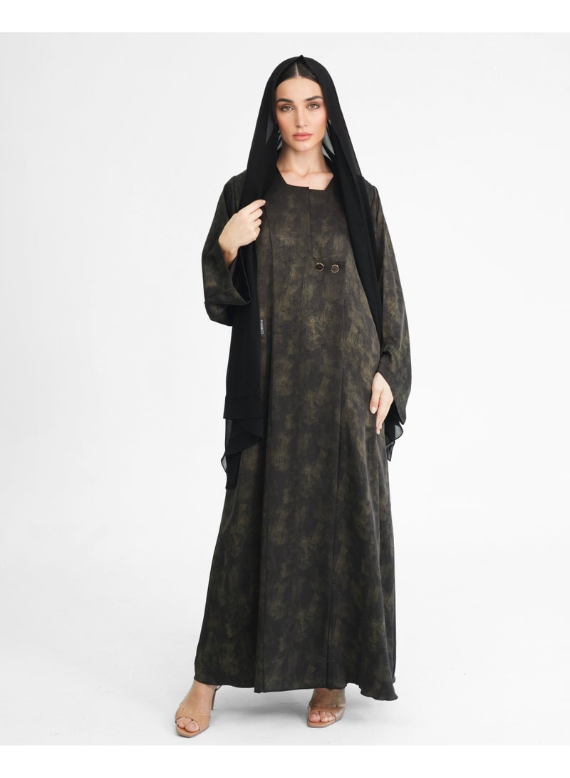 Khan&Co. Ninety Degree Gold black and gold jacquard abaya with two gold KHAN&CO logo buttons - by Abdullah Khan - Image 4