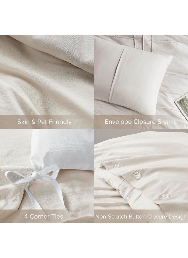 Comfort Spaces Comfort Spaces Cream Queen Duvet Cover Set - 3 Pieces Pintuck Pleated Farmhouse Duvet Cover  - Image 5