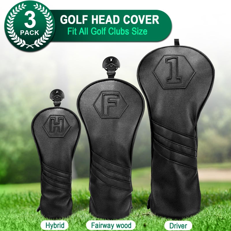 2thpart Premium Golf Club Covers, 3 Pack Golf Club Head Covers for Driver, Fairway Woods and Hybrid, Golf Head Covers Fit Most Golf Clubs PU Leather Classic Black - Image 2