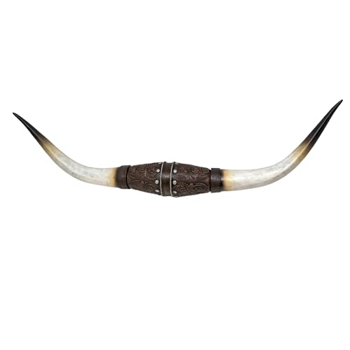 AMAJY Faux Bull Longhorn Skull Wall Decor – Resin Sculpture with Tooled Leather-Style Floral Design – Rustic Steer Horns Wall Art for Western, Southwestern, Native American Decor – Great Gift Idea - Image 1