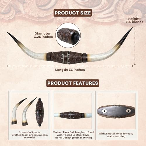 AMAJY Faux Bull Longhorn Skull Wall Decor – Resin Sculpture with Tooled Leather-Style Floral Design – Rustic Steer Horns Wall Art for Western, Southwestern, Native American Decor – Great Gift Idea - Image 2