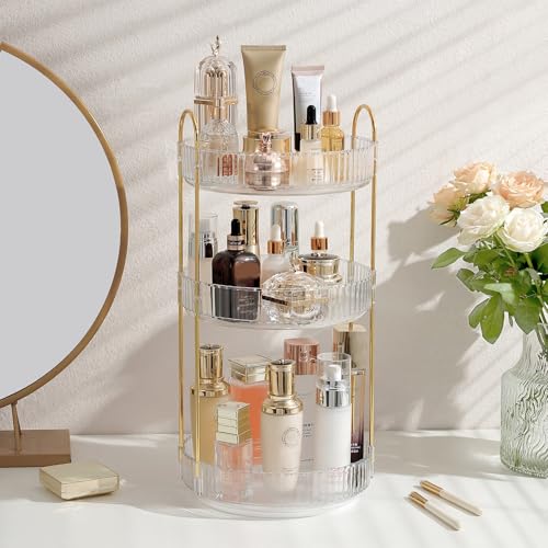 Aveniee Rotating Makeup Organizer for Vanity, 3 Tier Perfume Skincare Organizers and Storage for Bathroom Countertop, Clear Spinning Counter Cosmetic Holder for Dresser,White - Image 1