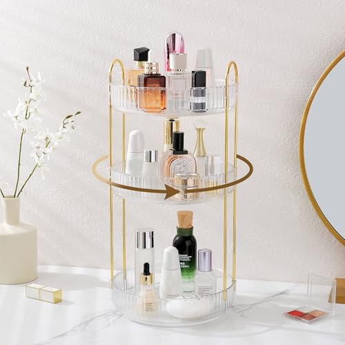 Aveniee Rotating Makeup Organizer for Vanity, 3 Tier Perfume Skincare Organizers and Storage for Bathroom Countertop, Clear Spinning Counter Cosmetic Holder for Dresser,White - Image 2