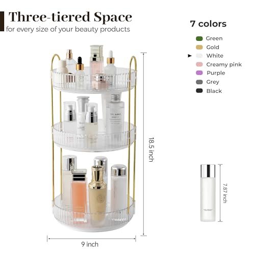 Aveniee Rotating Makeup Organizer for Vanity, 3 Tier Perfume Skincare Organizers and Storage for Bathroom Countertop, Clear Spinning Counter Cosmetic Holder for Dresser,White - Image 3