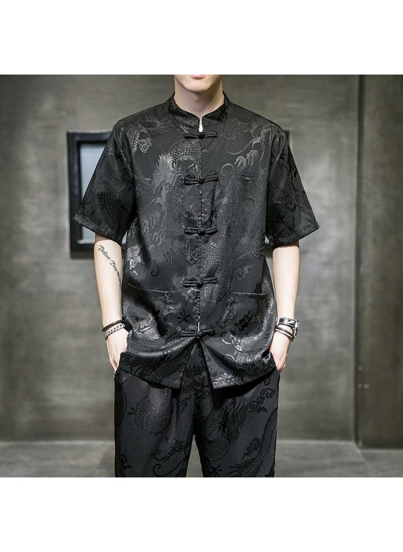 Generic - Silk Dragon Print Chinese Shirt Men Black [high quality] - Image 1