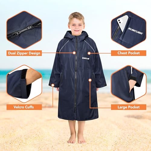 Suncube SUN CUBE Swim Parka Boy Girl, Unisex Kids Hooded Changing Robe with Water Resistant Shell and Warm Fleece Lining for Swimming, Surfing, Triathlon, Water Sports, Navy - Image 4