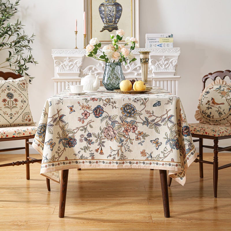 ISAENNE Designer French Light Beige Extra Long Rectangle Tablecloth,Linen Florals and Birds Pattern Table Cloth,Durable Decorative Tablecloths for Dining Thanksgiving Kitchen,67"*118"-Cornucopia - Image 3