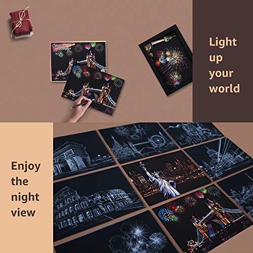 AP ARTSPER Magic Scratch Art Paper(7.9"x5.5") Rainbow Landscape Engraving Art Mini Scratchboard DIY Pads for Adults and Kids, Crafts Set: 12 Sheets Scratch Postcard Cards & Drawing Pens, Brush (Building Series) - Image 3