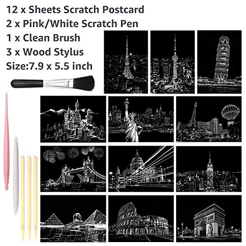AP ARTSPER Magic Scratch Art Paper(7.9"x5.5") Rainbow Landscape Engraving Art Mini Scratchboard DIY Pads for Adults and Kids, Crafts Set: 12 Sheets Scratch Postcard Cards & Drawing Pens, Brush (Building Series) - Image 5
