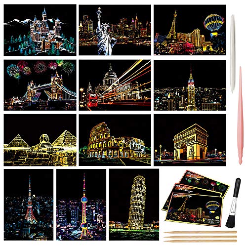 AP ARTSPER Magic Scratch Art Paper(7.9"x5.5") Rainbow Landscape Engraving Art Mini Scratchboard DIY Pads for Adults and Kids, Crafts Set: 12 Sheets Scratch Postcard Cards & Drawing Pens, Brush (Building Series) - Image 1