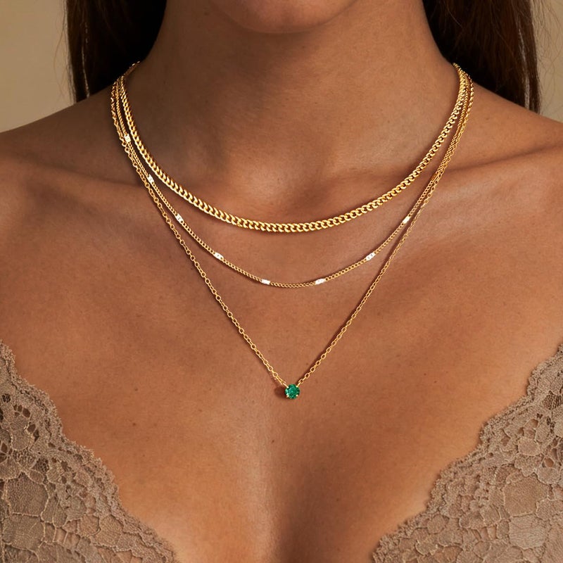 WomenGifts May Created Emerald (Deep Green) Layered Necklace Set, 14K Gold Plated Birthstone Pendant with Choker Cuban Link & Satellite Chain, Personalized Jewelry Gift - Image 5