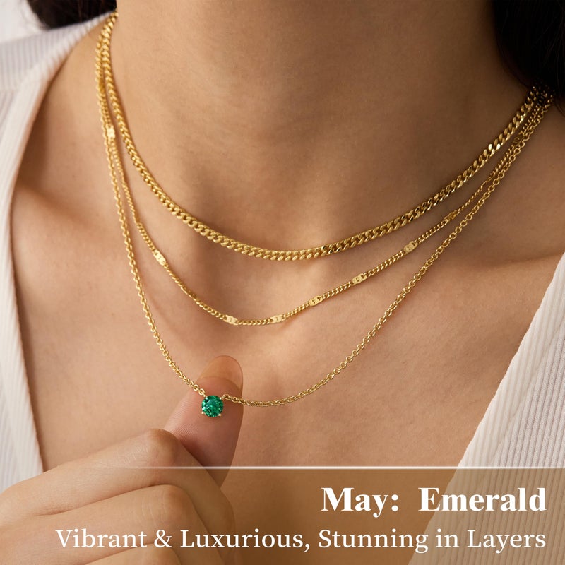 WomenGifts May Created Emerald (Deep Green) Layered Necklace Set, 14K Gold Plated Birthstone Pendant with Choker Cuban Link & Satellite Chain, Personalized Jewelry Gift - Image 4