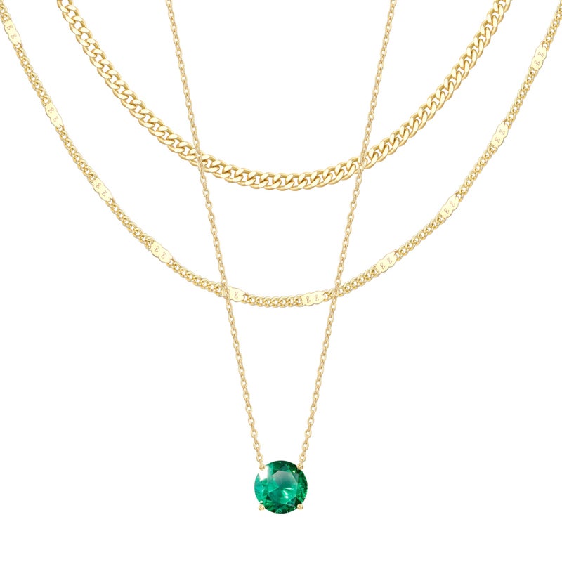 WomenGifts May Created Emerald (Deep Green) Layered Necklace Set, 14K Gold Plated Birthstone Pendant with Choker Cuban Link & Satellite Chain, Personalized Jewelry Gift - Image 1