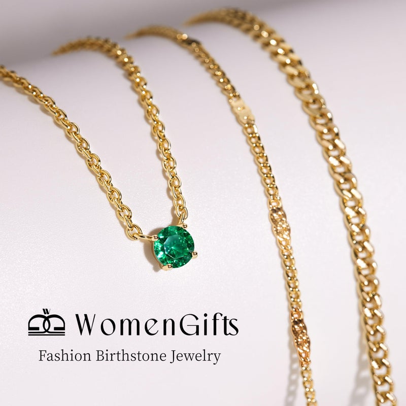 WomenGifts May Created Emerald (Deep Green) Layered Necklace Set, 14K Gold Plated Birthstone Pendant with Choker Cuban Link & Satellite Chain, Personalized Jewelry Gift - Image 3
