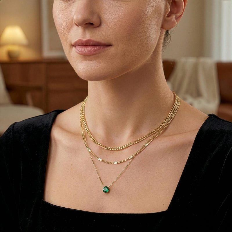 WomenGifts May Created Emerald (Deep Green) Layered Necklace Set, 14K Gold Plated Birthstone Pendant with Choker Cuban Link & Satellite Chain, Personalized Jewelry Gift - Image 2