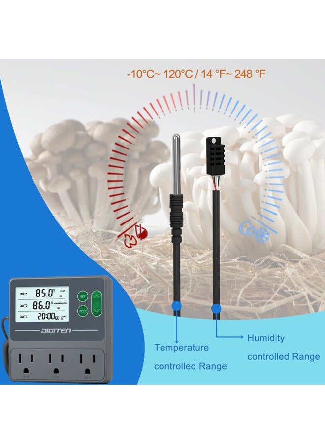 DIGITEN Temperature and Humidity Controller with Timer - 3 Outlet, 2 Separate Probes, Plug in Temperature Controller for Reptiles,Snake, Mushrooms, Tent, Triple Control for Temp,Humidity,Time - Image 5