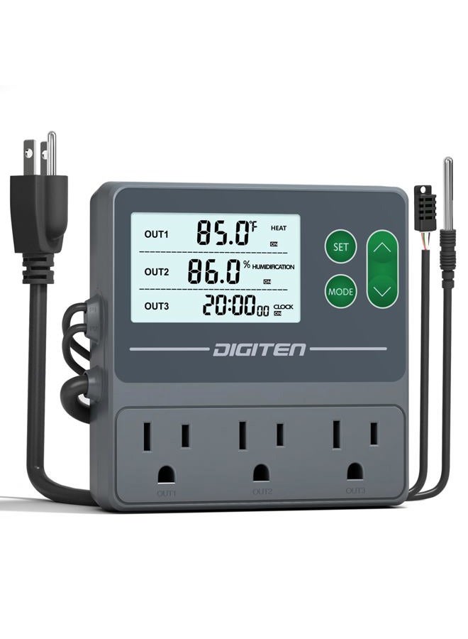 DIGITEN Temperature and Humidity Controller with Timer - 3 Outlet, 2 Separate Probes, Plug in Temperature Controller for Reptiles,Snake, Mushrooms, Tent, Triple Control for Temp,Humidity,Time - Image 1